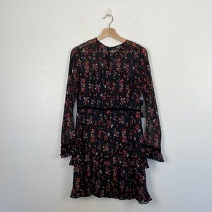 Lulus long sleeve sheer floral print lined velvet waist band ruffle hem dress M